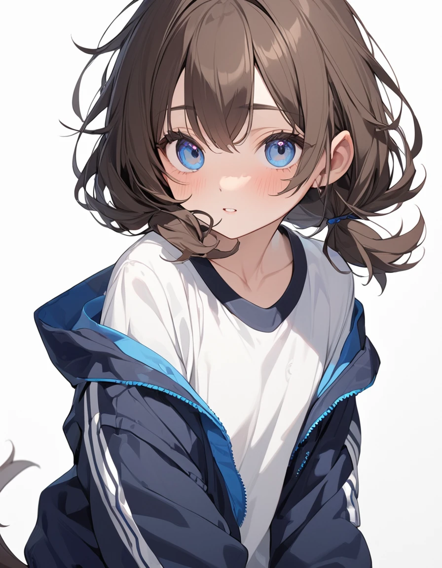 1girl, {masterpiece,best quality,ultra-detailed,beautiful detailed eyes}, {dark brown hair, chestnut hair, short hair, (short twin tail:1.2), (low twin tail:1.2)}, {Gradient eyes from black to blue, round eyes, cute eyes}, cute girl, ,(white t-shirt, dark blue windbreaker}, 怒った顔, {simple background,white background}
