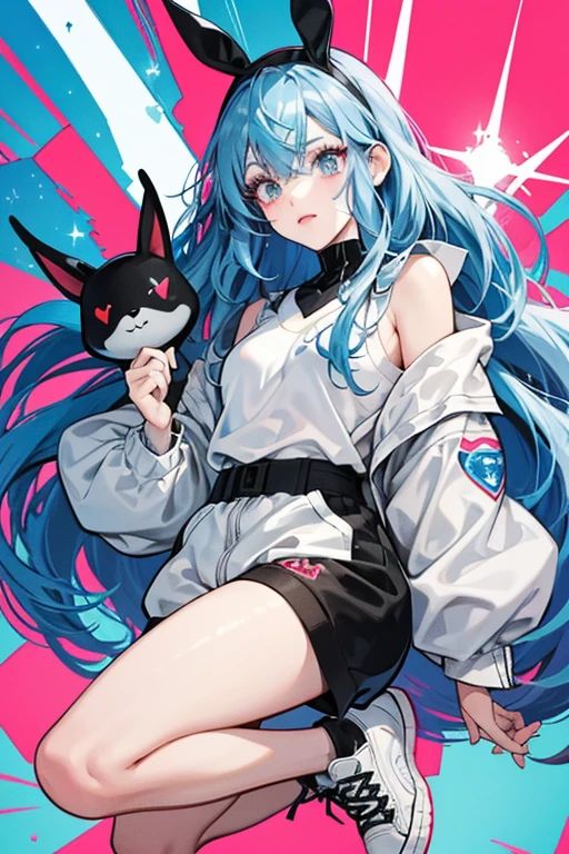 Hop Heart is a gray girl rabbit with shoulder-length black and blue hair held by a red headband. She has a onesie-like article of clothing that says "HOP!". She looks like a comic book character. She has white Vans shoes and comic makeup, and watery eyes. SPARKLE; GLITTER