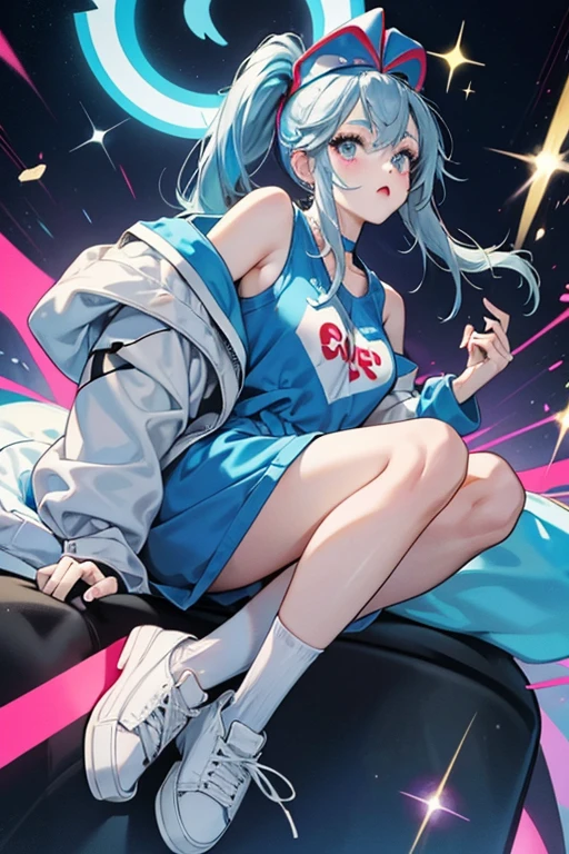 Hop Heart is a gray girl rabbit with shoulder-length black and blue hair held by a red headband. She has a onesie-like article of clothing that says "HOP!". She looks like a comic book character. She has white Vans shoes and comic makeup, and watery eyes. SPARKLE; GLITTER