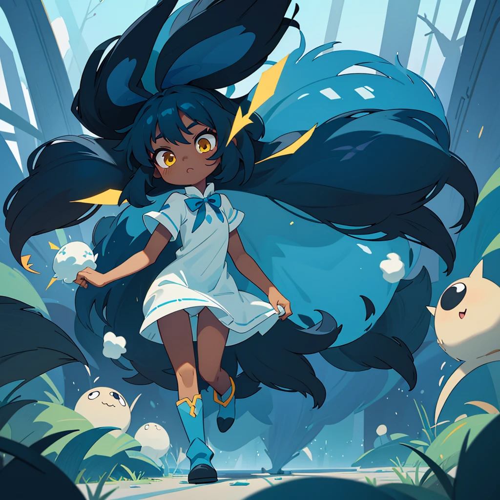 A dark-skinned black , 6 year old , with long, voluminous blue hair, yellow eyes, a white dress and blue boots, with wolf ears and tail Make her run after a furry white rabbit