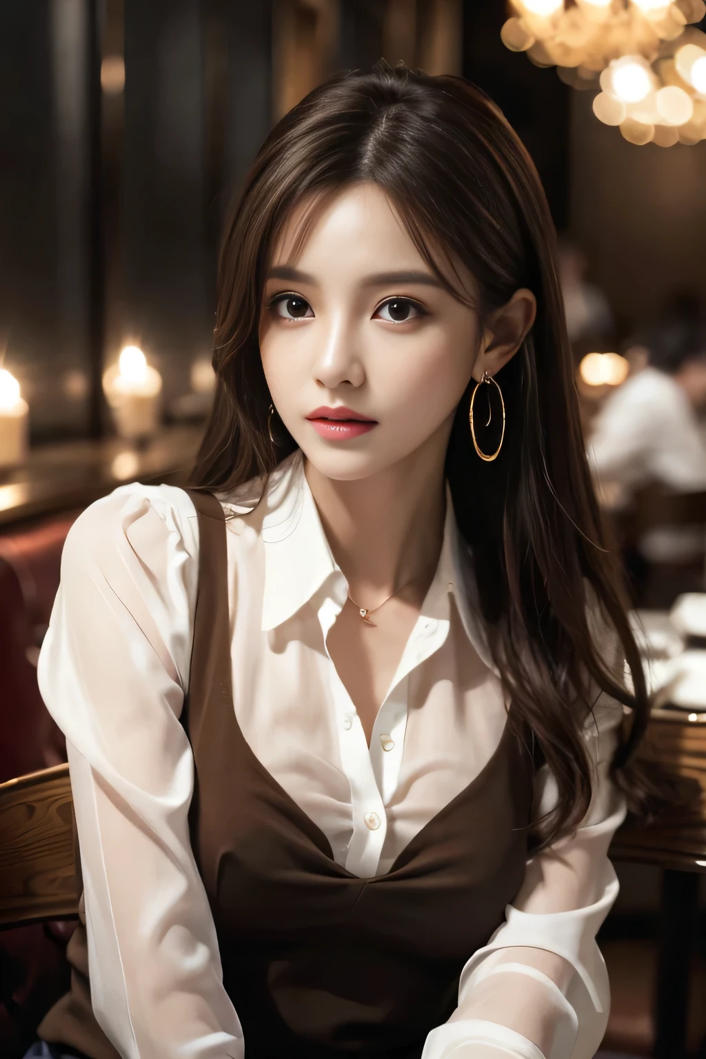 masterpiece, Highest quality, Realistic, Very detailed, Finer details, High resolution, 8k wallpaper, One beautiful woman, Wear an elegant see-through shirt, In a great restaurant, At night, Light brown messy hair, Perfect dynamic composition, Beautiful and beautiful eyes、Big earrings、Sit on a chair、