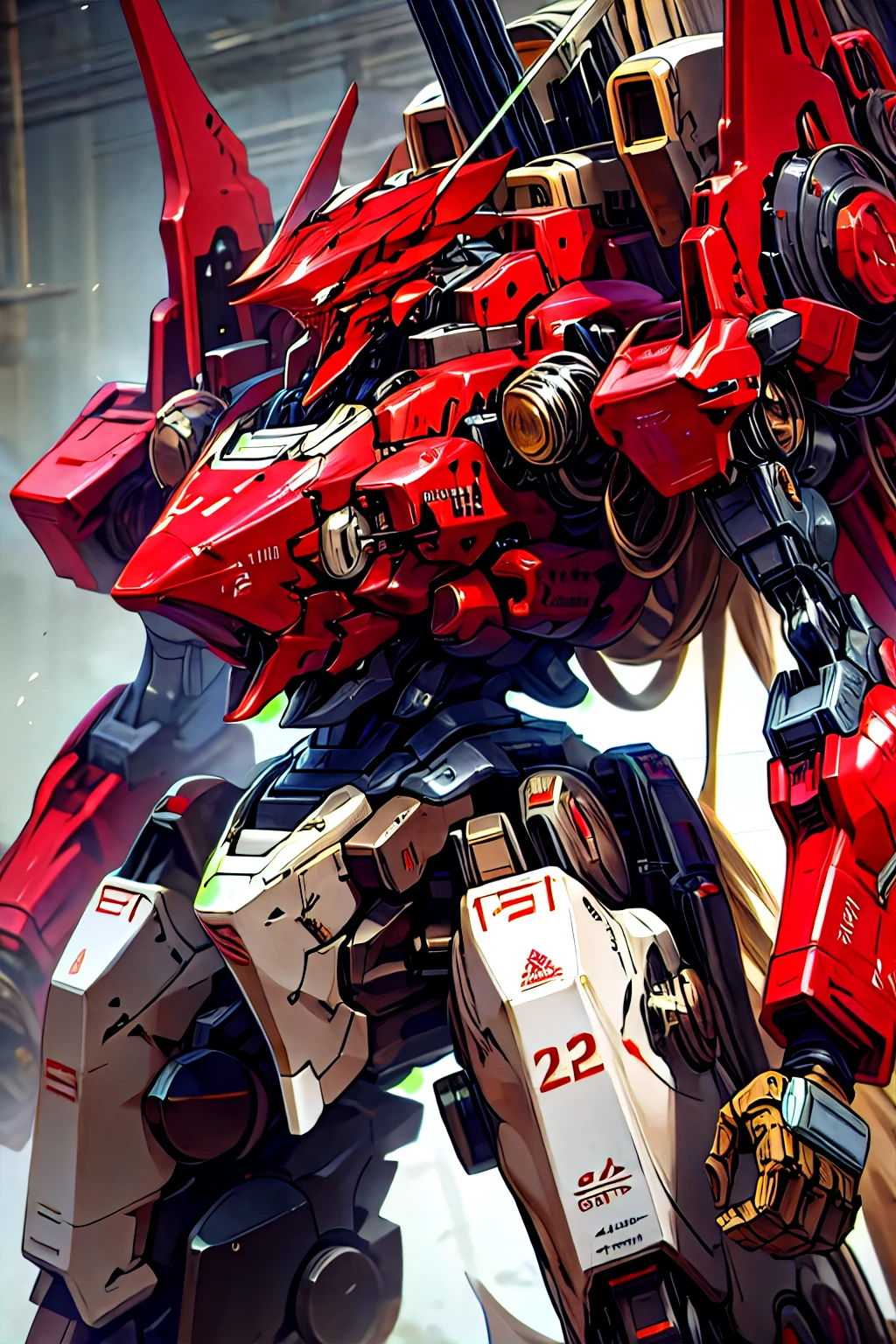 The blood-red armored core with beige accents. With structure made of animal bones, vivid red eyes, fit the tribal appearance and average body. He carried with him a spear made of bones with red details.. Its leaner engines provided a balance of agility and power when needed., despite hiding a single central acceleration booster.