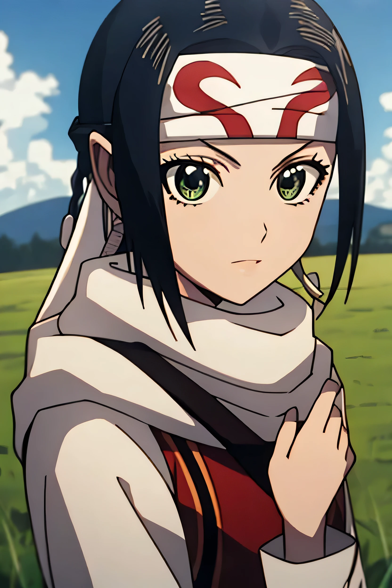 Anime Style, , 8K, Super detailed, Attention to detail, Accurate, masterpiece, Ultra-high resolution, Highest quality, Awards, 4K , One girl, Church, Black Hair, Braiding, ponytail, Green Eyes,  sword, head band, scarf,  alone, View your viewers, Grass, blue sky, Grass background, 