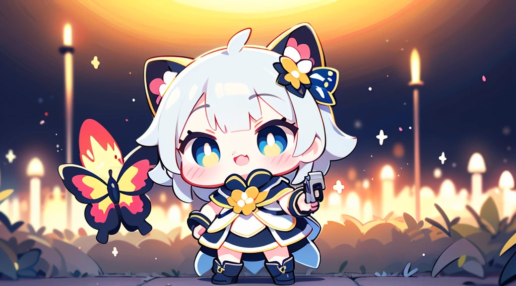 Octane Render、(Hyper-detailing: 1.15)、cinematic lightening、Cute Fantasy Princess、Handgun shooting practice、Fine Pattern Pistol,long boots、ultradetailed eyes、Full Paint、(Floral hair ornament、butterfly hair ornament)、masutepiece、Anatomically correct、blur、depth of fields