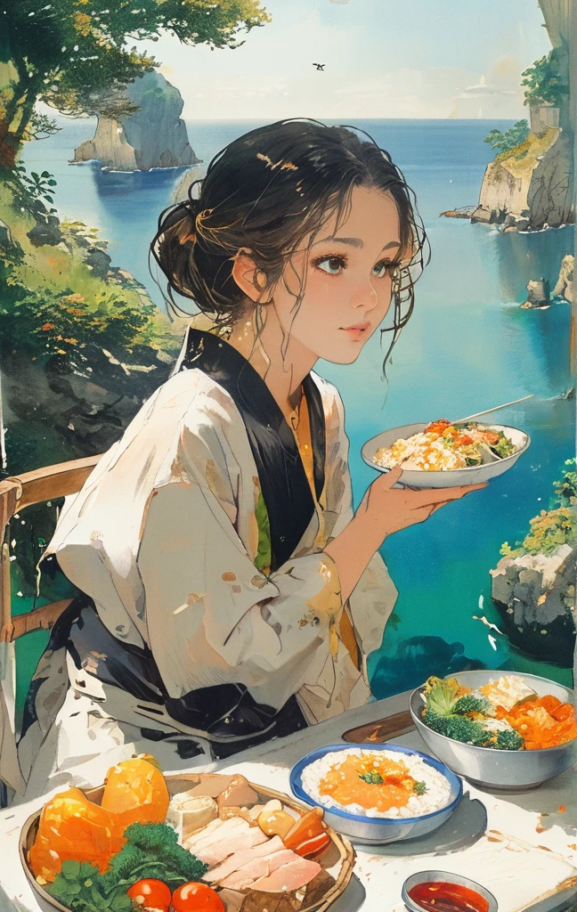 A young woman with golden hair and yellow eyes sits at the table, eating delicious food by the seaside in an anime style. The background features rocky cliffs overlooking the sea, boats floating on it, green plants, and sunlight shining through them onto her face. She is dressed in white and has a relaxed expression. On one side of her lies various dishes such as rice, vegetables, fish and meat, creating a warm atmosphere.