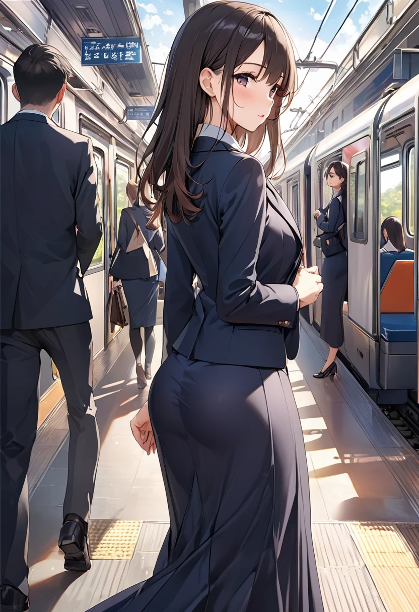 BREAK Perfect Anatomy、(High resolution:1.2)、Incredible illustrations、(Cute illustrations:1.2)、（Beautiful background）blazer,Long skirt　(beautiful ass)　Students commuting by train