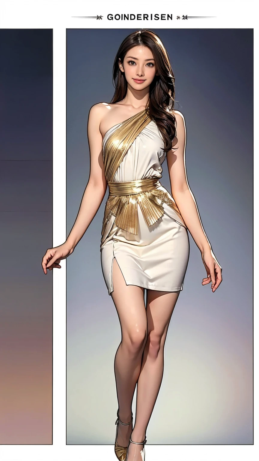 ((masterpiece)),(((Highest quality))),((Character design sheet)),Thin thighs,Long legs,((woman, alone, Long Hair)),Innocent look, Bare arms, Expose your shoulders, Gold and silver see-through dress,Golden Hair,The best smile,