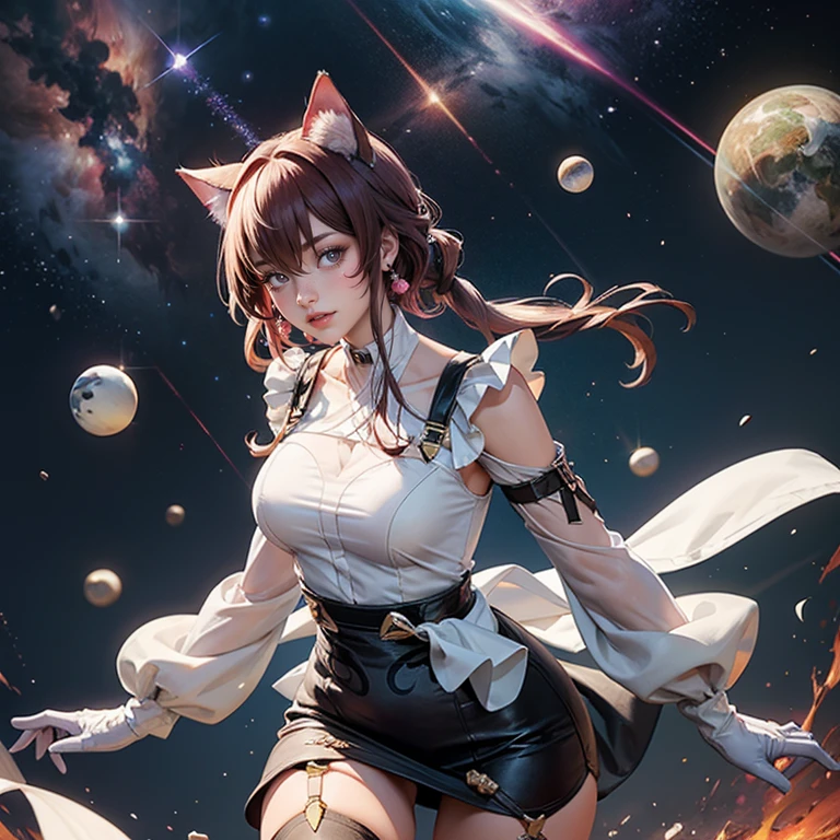 Kafka_(honkai: star rail), medium hair, flowing hair, floating hair, ornament hair, perfectly body, perfectly hands, maid tiara on hair, maid, maid dress, maid headdress, maid apron, white apron, white apron, white headdress, 1girl, white maid dress, jewelry, pigtails hair, flowing hair, long hair, maid dress with a short skirt and layers, white laces, white boots, white dress with transparency, gold details on her clothes, cat ears, animal ears,  more details, perfectly body, perfectly hands, two hands, two legs, two arms, five fingers, glowing hair, best quality, cat ears, animal ears, tail ornament, tail bow, white gloves, two cat tail, white gloves, alone, maid headdress, choker, detached sleeves, maid dress, maid white dress, strapless, masterpeice, best quality, detailed face, night, asymmetrical gloves, bangs, white short skirt , white gloves, white boots, earrings, elbow gloves, fishnet thighhighs, fishmasterpeice, solo, best quality, detailed face, gloves, green eyes, green hair, hair between eyes, jewelry, medium hair, looking at viewer, single earring, sky, sleeveless, solo, thigh boots, thighhighs, tongue, tongue out, uneven gloves, cat ears, animal ears, cat tail, , solo, alone, Looking at the viewer, More details on the clothes, space scenery, maid, maid dress, magenta laces, maid headdress, maid apron, pigtails, long hair, seat on the Saturn rings, spider web details on her clothes, more details on her clothes, gold details on her clothes, space, smiling, standing her hand to a viewer, looking at the viewer, in the background a several asteroids glowing with fiery auras, Dramatic lighting from distant stars and planets illuminates the scene, looking at the vast and mysterious universe, cowboy shot, upper body portrait, more details, sparkle,
