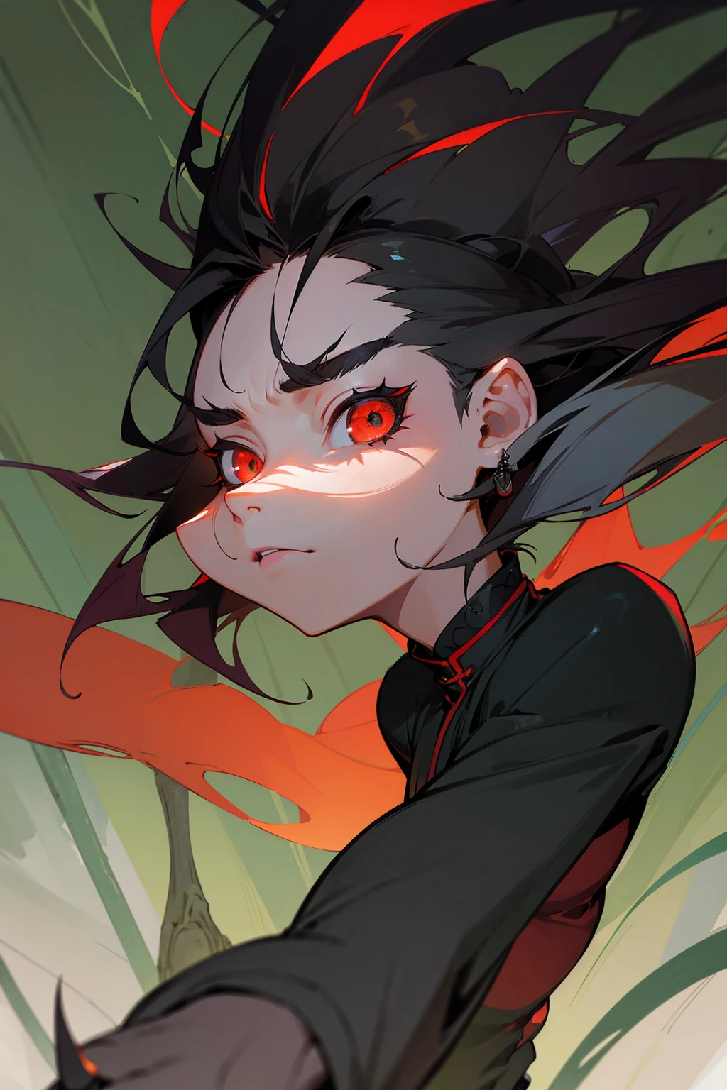 Masterpiece Quality, Perfect Generation,  Sclera, Detailed Eyes, , Red And Black Long Spiky Hair, Muscular, Black Haori, Bored Expression, , Forest Background, Full Body, Demon Slayer