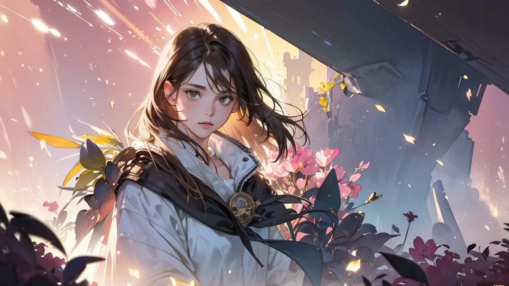32k, Masterpiece, Highest quality, One girl, Brown Hair, Detailed eyes, flower,Freesia, Pink and navy style,A dreamy, romantic piece,Pale yellow, Mysterious Leaves,A playful arrangement,Fantasy,High Contrast,Ink strokes,explosion,Exposure, Impression of pink and navy tones,Abstract,((Watercolours by John Berkey and Jeremy Mann )) Brush strokes,Negative Space, Tyndall effect,