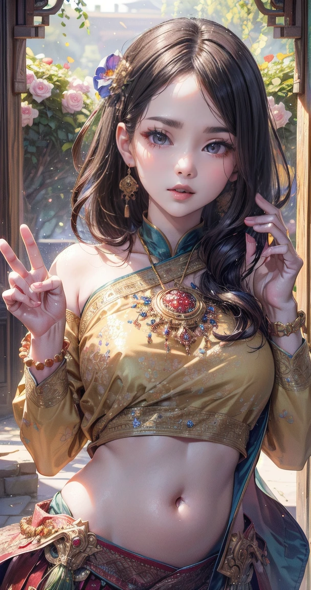 (Masterpiece:1.5), (((High qualityสุด, best quality, High quality))), ((complicated details, very detailed, Crazy details)), height, 32ก, Extremely detailed CG 8K unity wallpaper., (beautiful and beautiful:1.2),, (depth of field:1.3), (Flawless.:1.3), (Delicate depiction of details:1.4),
(((Abundant natural light, Delightful bright colors))), (Ambient volumetric backlight:1.5),  (Illustration of an extremely beautiful young woman:1.3),
(upper body:1.4), (perfect center:1.4), (Natural willow pose:1.5), (((dynamic poses, movie corner))),
(1milf:1.5), (alone:1.4),
beautiful beautiful face, [(detailed face:1.2):0.2], Bright eyes, Pure Rose Face_v1, ulzzang-6500-v1.1,  (gag:1.5), (red lips:1.4), (full lips:1.4), (smile:1.3),
Flawless attractive body, (((The feminine curves are pronounced.))), Skin glows brightly., realistic skin, hair follicles, (((Tightening belly, navel, Groin:1.3))),
(((Golden thread flutters.))), (Fringed tassels:1.3), (Tight long sleeves:1.4), (Single neck), (The invention shines.:1.5), (Elegant and intricate clothing accessories:1.5), (Embroidery work decorated with gems:1.4), (sparkling clothes:1.4), (sparkling particles:1.3), (((The front seam is sagging., Sagging back seam))), (((earring, armband, Hair clips, hair accessories))), (Stand alone in a magical outdoor garden decorated with gems and colorful exotic flowers and shrubs.:1.5), (Outside the great ancient palace:1.5), 