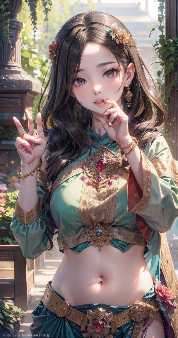 (Masterpiece:1.5), (((High qualityสุด, best quality, High quality))), ((complicated details, very detailed, Crazy details)), height, 32ก, Extremely detailed CG 8K unity wallpaper., (beautiful and beautiful:1.2),, (depth of field:1.3), (Flawless.:1.3), (Delicate depiction of details:1.4),
(((Abundant natural light, Delightful bright colors))), (Ambient volumetric backlight:1.5),  (Illustration of an extremely beautiful young woman:1.3),
(upper body:1.4), (perfect center:1.4), (Natural willow pose:1.5), (((dynamic poses, movie corner))),
(1milf:1.5), (alone:1.4),
beautiful beautiful face, [(detailed face:1.2):0.2], Bright eyes, Pure Rose Face_v1, ulzzang-6500-v1.1,  (gag:1.5), (red lips:1.4), (full lips:1.4), (smile:1.3),
Flawless attractive body, (((The feminine curves are pronounced.))), Skin glows brightly., realistic skin, hair follicles, (((Tightening belly, navel, Groin:1.3))),
(((Golden thread flutters.))), (Fringed tassels:1.3), (Tight long sleeves:1.4), (Single neck), (The invention shines.:1.5), (Elegant and intricate clothing accessories:1.5), (Embroidery work decorated with gems:1.4), (sparkling clothes:1.4), (sparkling particles:1.3), (((The front seam is sagging., Sagging back seam))), (((earring, armband, Hair clips, hair accessories))), (Stand alone in a magical outdoor garden decorated with gems and colorful exotic flowers and shrubs.:1.5), (Outside the great ancient palace:1.5), 