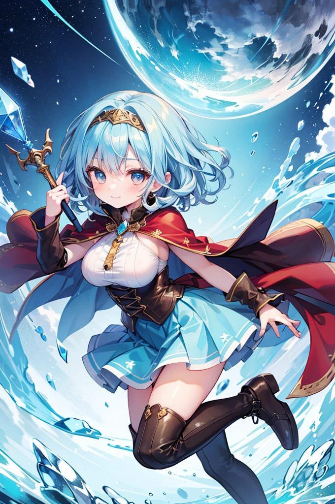 Fantasy,((Masterpiece)),((high resolution)),((Best Quality)),Anime illustration,((1girl)),(wavy hair),(short hair),(pale blue hair color),small ponytail,headband,Indigo eyes,(Big round eyes),((tareme)),,((baby face)),ig breasts))),Short stature,Young,(loli),,ice wizard,sleeless white blouse,Blue mini skirt,slit,Brown corset,brown capelet,smile,,Brown long boots,wizard's wand with blue gem,