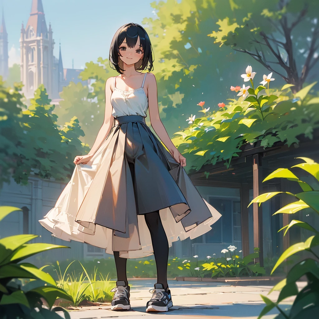 (high quality, High resolution, Very detailed, reality:1.37), Peaceful atmosphere, (Outdoor, garden), Teenage girl standing alone, (my breasts are big.), Beautiful details, Cute Smile, (Black bob hair), camisole, Denim skirt, Black tights, sneakers.