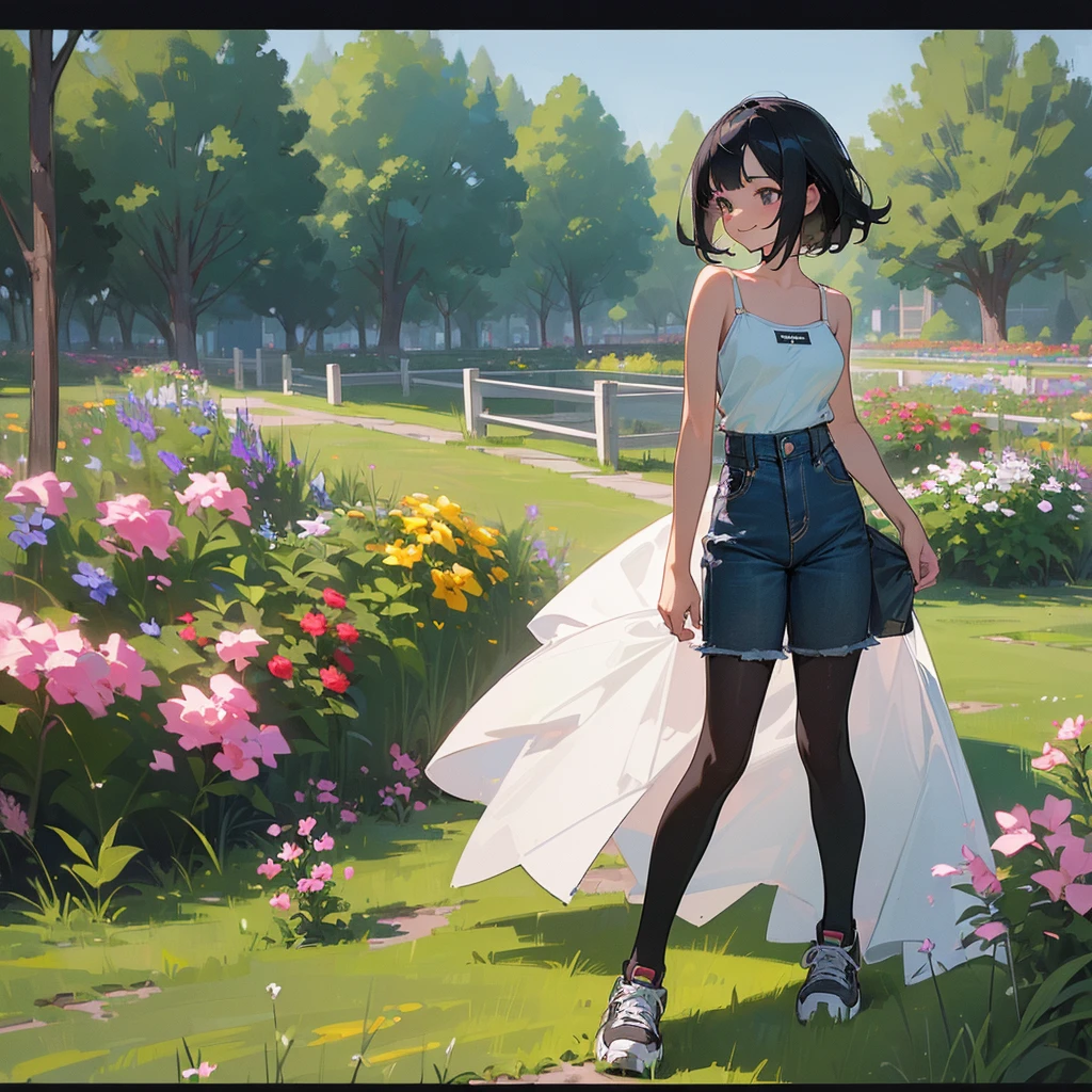 (high quality, High resolution, Very detailed, reality:1.37), Peaceful atmosphere, (Outdoor, garden), age girl standing alone, (my breasts are big.), Beautiful details, Cute Smile, (Black bob hair), camisole, Denim skirt, Black tights, sneakers.