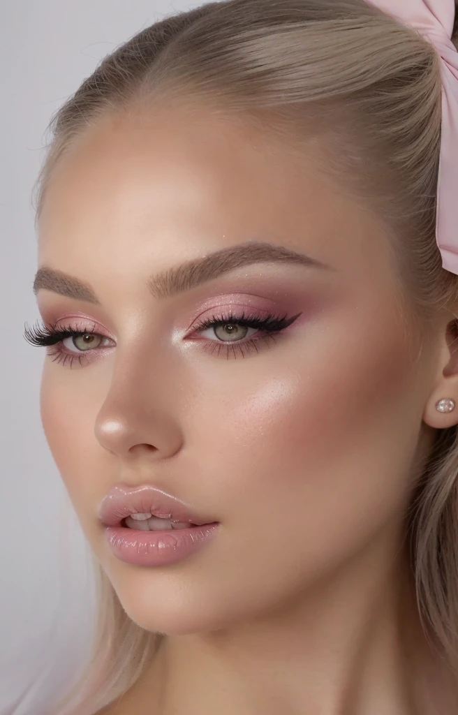 Close-up of a woman with a pink bow on her head, sexy face with full makeup, soft makeup, pastel makeup, subtle makeup, sensual look, glossy eyes, bright pink eyes, bright pink face, delicate pale pink lips, with professional makeup, thick and elegant makeup, light makeup, Pop makeup style, glossy lips, subtle makeup, glossy