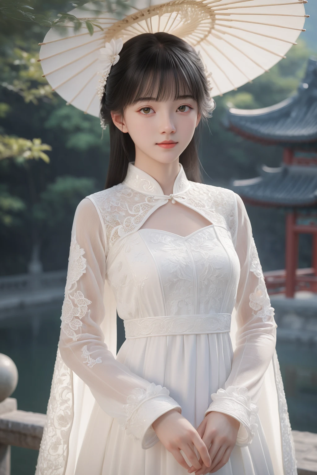 whole body、chinese dresses,China dress,Hanfu Dress,Blonde girl in white dress, A surprisingly young and mysterious person, Photorealistic anime girl render, Soft and fantastic lighting, Soft lighting, Elegant digital art, Soft 3D Rendering, Soft Portrait, Subtle, soft, hazy lighting, Smooth 3D CG Rendering ,Are standing,Large Breasts,(close up face), (adolescence girl), small smile, (white detailed princess dress), a lot of frills, frilly long sleeves, white lace cape, beautiful tender eyes symmetrical, (beautiful and detailed face), beautiful long black hair, blunt bangs, nice hands, perfect hands, (palace garden)
