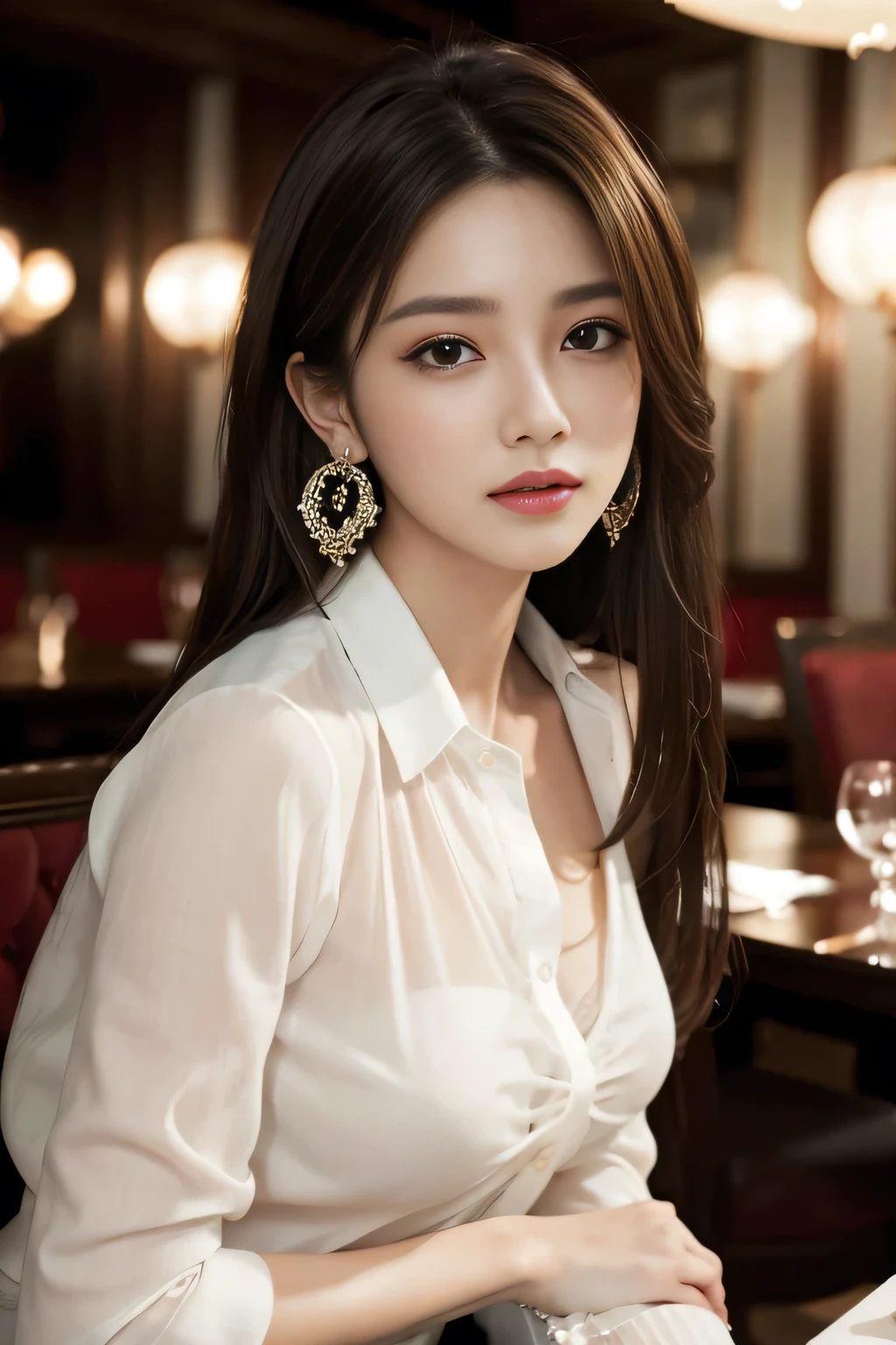 masterpiece, Highest quality, Realistic, Very detailed, Finer details, High resolution, 8k wallpaper, One beautiful woman, Wear an elegant see-through shirt, In a great restaurant, At night, Light brown messy hair, Perfect dynamic composition, Beautiful and beautiful eyes、Big earrings、Sit on a chair、