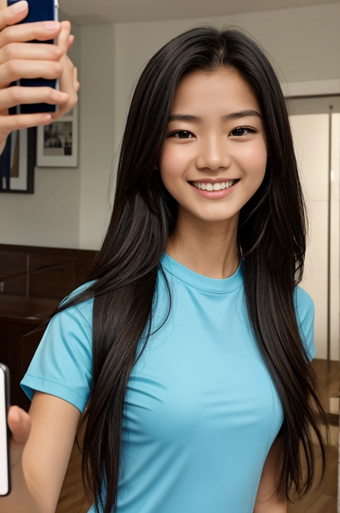 Generates images of a pretty, skinny 18-year-old girl in the real world from the shoulders up who is smiling., with loose hair, The background is a black and white room that looks very realistic, wearing a light blue t-shirt with a butterfly print taking a selfie with a Samsung A52 cell phone in her hand