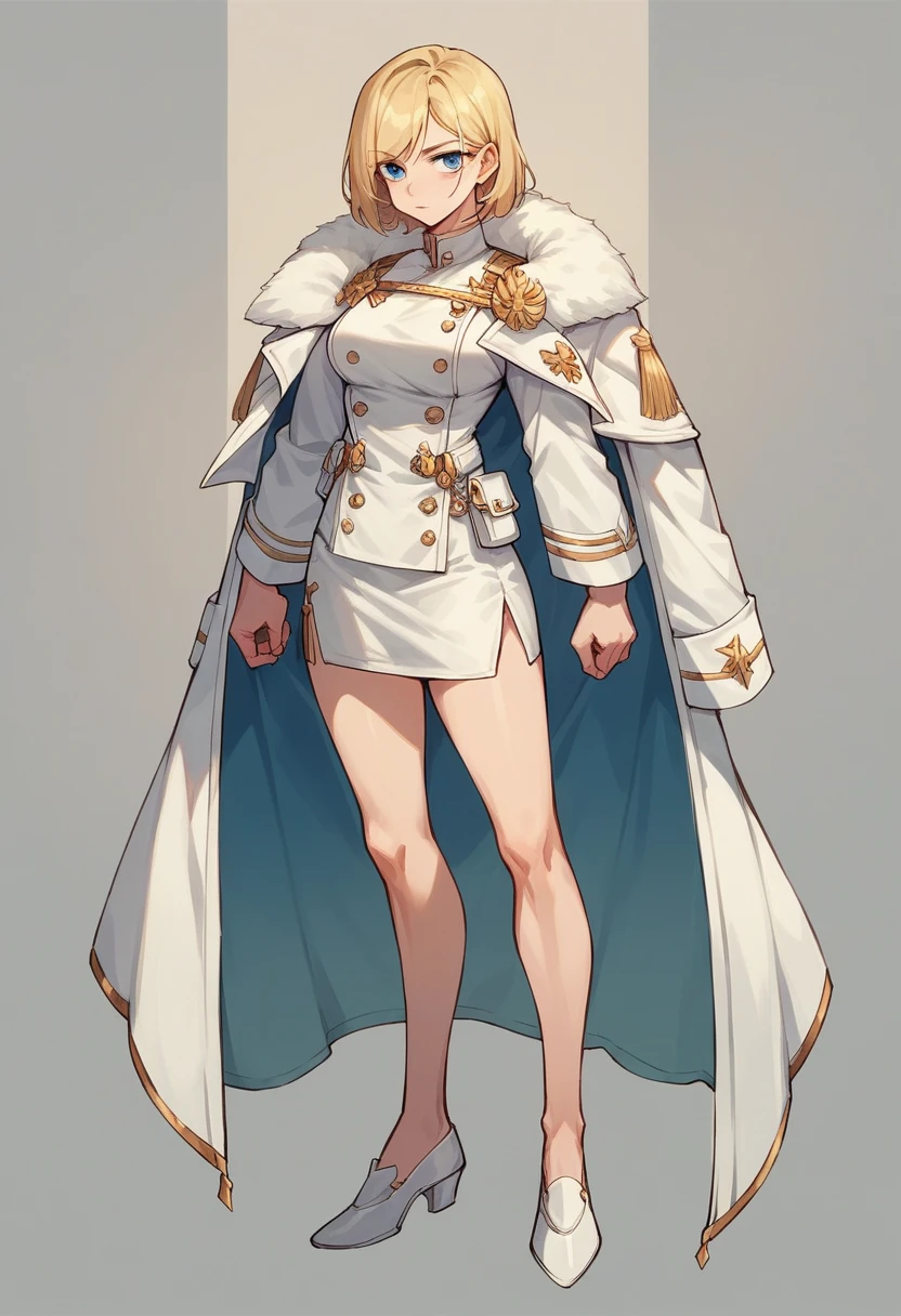 commander anime girl, white commander clothes, short white skirt, 18 years old, blonde hair, blue eyes, a little shy, full body