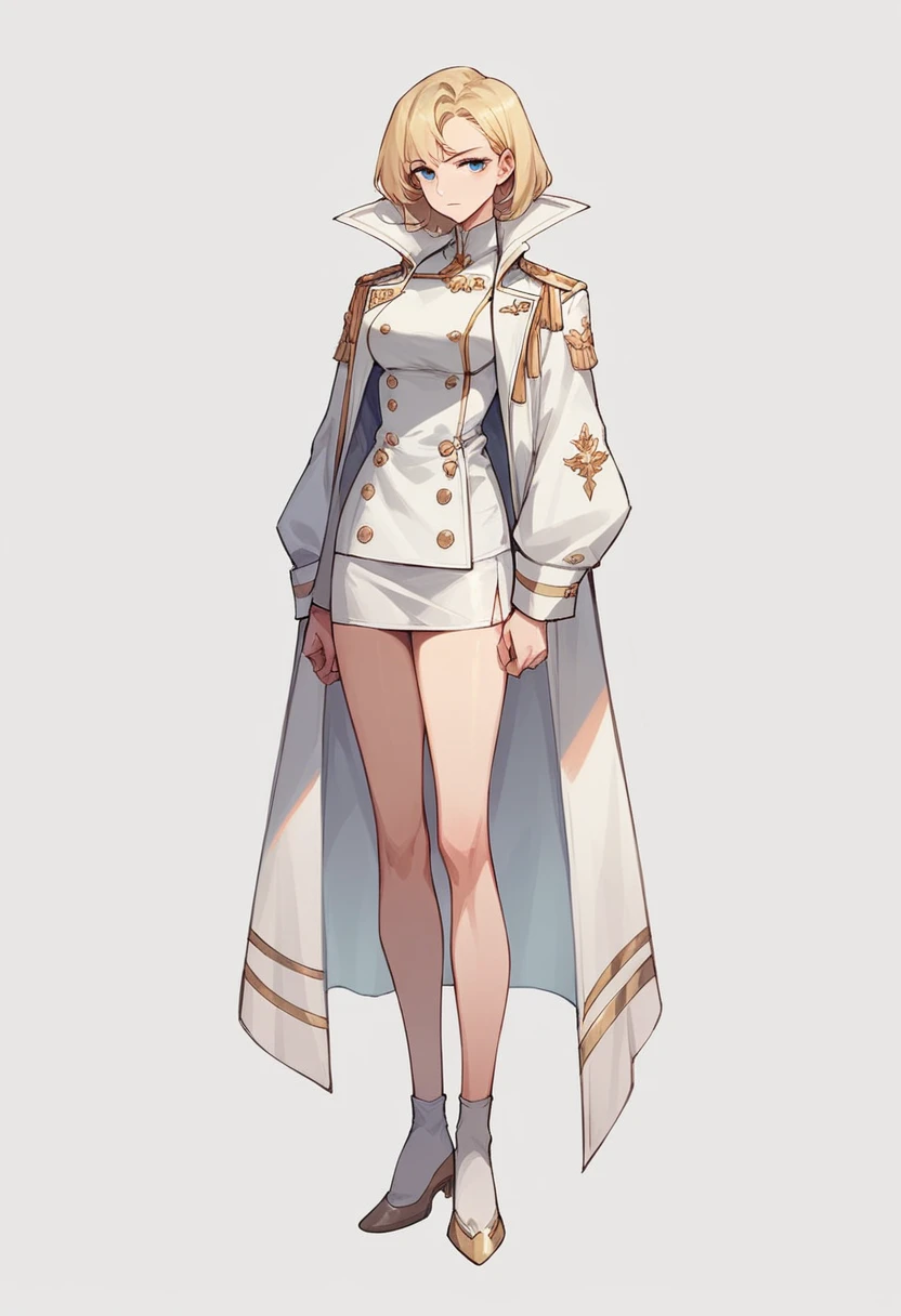 commander anime girl, white commander clothes, short white skirt, 18 years old, blonde hair, blue eyes, a little shy, full body