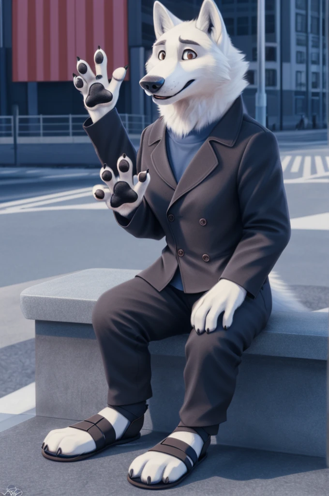 Barbara\(Moscow\), (white body:1.3), white fur, Brown eyes, Moscow, dressed, black jacket,trousers,blue,brown open heel sandals, canine, wolf, Detailed fur, Female, breast, antro, paw pads, finger claws, waving, waving at viewer, 5 fingers, paws, 4 toes,ring, it's sitting,
BREAK from nextel, for dating, by xenoforge, (difficult, high detail, film photography, soft focus, RAW сидит,
Photorealism, realistic, photorealistic, digital style, Subsurface scattering,
masterpiece, Best quality, ultra realistic, 8 k)
