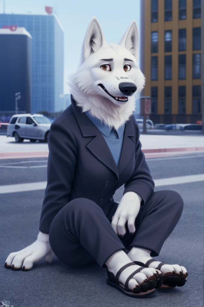 Barbara\(Moscow\), (white body:1.3), white fur, Brown eyes, Moscow, dressed, black jacket,trousers,blue,brown open heel sandals, canine, wolf, Detailed fur, Female, breast, antro, paw pads, finger claws, waving, waving at viewer, 5 fingers, paws, 4 toes,ring, it's sitting, 
BREAK from nextel, for dating, by xenoforge, (difficult, high detail, film photography, soft focus, RAW сидит,
Photorealism, realistic, photorealistic, digital style, Subsurface scattering,
masterpiece, Best quality, ultra realistic, 8 k)