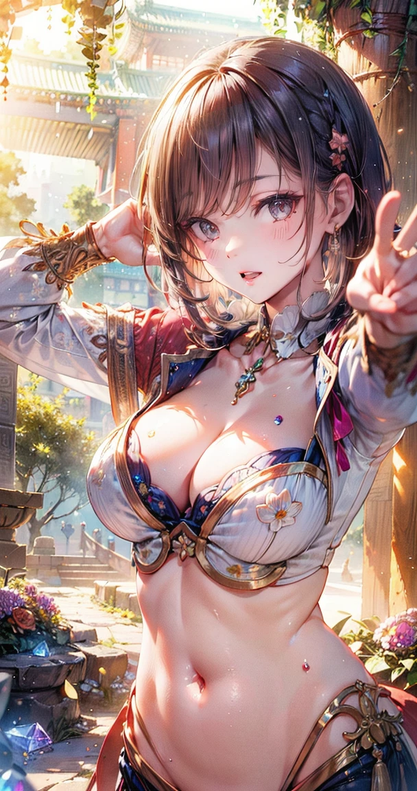 (Masterpiece:1.5), (((High qualityสุด, best quality, High quality))), ((complicated details, very detailed, Crazy details)), height, 32ก, Extremely detailed CG 8K unity wallpaper., (beautiful and beautiful:1.2),, (depth of field:1.3), (Flawless.:1.3), (Delicate depiction of details:1.4),
(((Abundant natural light, Delightful bright colors))), (Ambient volumetric backlight:1.5),  (Illustration of an extremely beautiful young woman:1.3),
(upper body:1.4), (perfect center:1.4), (Natural willow pose:1.5), (((dynamic poses, movie corner))),
(1milf:1.5), (alone:1.4),
beautiful beautiful face, [(detailed face:1.2):0.2], Bright eyes, Pure Rose Face_v1, ulzzang-6500-v1.1,  (gag:1.5), (red lips:1.4), (full lips:1.4), (smile:1.3),
Flawless attractive body, (((The feminine curves are pronounced.))), Skin glows brightly., realistic skin, hair follicles, (((Tightening belly, navel, Groin:1.3))),
(((Golden thread flutters.))), (Fringed tassels:1.3), (Tight long sleeves:1.4), (Single neck), (The invention shines.:1.5), (Elegant and intricate clothing accessories:1.5), (Embroidery work decorated with gems:1.4), (sparkling clothes:1.4), (sparkling particles:1.3), (((The front seam is sagging., Sagging back seam))), (((earring, armband, Hair clips, hair accessories))), (Stand alone in a magical outdoor garden decorated with gems and colorful exotic flowers and shrubs.:1.5), (Outside the great ancient palace:1.5), 
