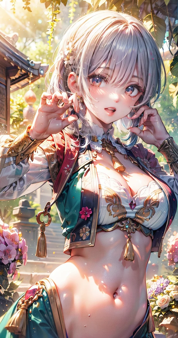 (Masterpiece:1.5), (((High qualityสุด, best quality, High quality))), ((complicated details, very detailed, Crazy details)), height, 32ก, Extremely detailed CG 8K unity wallpaper., (beautiful and beautiful:1.2),, (depth of field:1.3), (Flawless.:1.3), (Delicate depiction of details:1.4),
(((Abundant natural light, Delightful bright colors))), (Ambient volumetric backlight:1.5),  (Illustration of an extremely beautiful young woman:1.3),
(upper body:1.4), (perfect center:1.4), (Natural willow pose:1.5), (((dynamic poses, movie corner))),
(1milf:1.5), (alone:1.4),
beautiful beautiful face, [(detailed face:1.2):0.2], Bright eyes, Pure Rose Face_v1, ulzzang-6500-v1.1,  (gag:1.5), (red lips:1.4), (full lips:1.4), (smile:1.3),
Flawless attractive body, (((The feminine curves are pronounced.))), Skin glows brightly., realistic skin, hair follicles, (((Tightening belly, navel, Groin:1.3))),
(((Golden thread flutters.))), (Fringed tassels:1.3), (Tight long sleeves:1.4), (Single neck), (The invention shines.:1.5), (Elegant and intricate clothing accessories:1.5), (Embroidery work decorated with gems:1.4), (sparkling clothes:1.4), (sparkling particles:1.3), (((The front seam is sagging., Sagging back seam))), (((earring, armband, Hair clips, hair accessories))), (Stand alone in a magical outdoor garden decorated with gems and colorful exotic flowers and shrubs.:1.5), (Outside the great ancient palace:1.5), 
