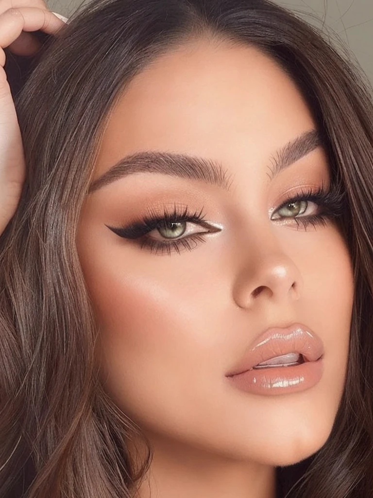 A closeup of a woman with long hair and a necklace, beautiful latin face, cara sexy with full makeup, sensual look, perfect olive skin, Madison Beer, extremely beautiful face, big thick bold eyebrows, beautiful face and perfect skin, olivia blame, Perfect face, Perfect face ), with professional makeup, cara sexy, beautiful attractive face, detailed and Perfect face