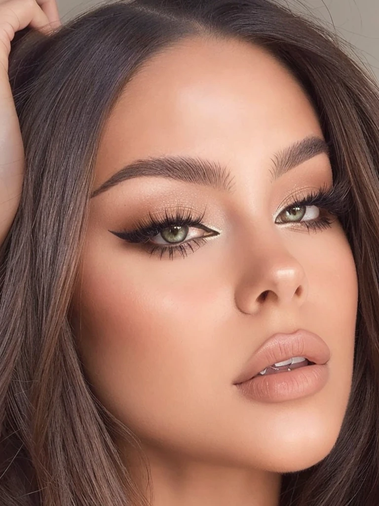 A closeup of a woman with long hair and a necklace, beautiful latin face, cara sexy with full makeup, sensual look, perfect olive skin, Madison Beer, extremely beautiful face, big thick bold eyebrows, beautiful face and perfect skin, olivia blame, Perfect face, Perfect face ), with professional makeup, cara sexy, beautiful attractive face, detailed and Perfect face