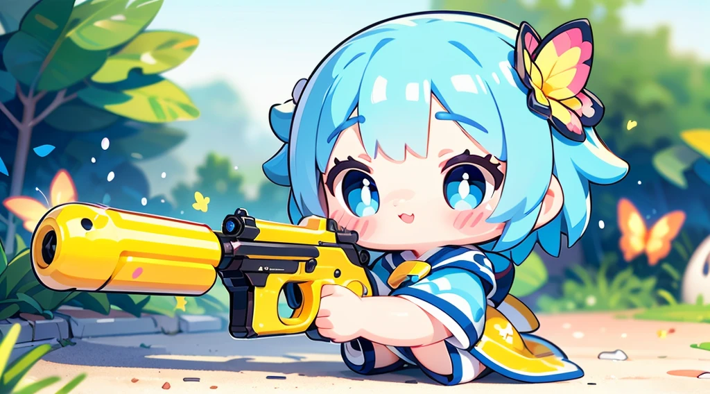 Octane Render、(Hyper-detailing: 1.15)、cinematic lightening、Cute Fantasy Princess、Handgun shooting practice、Fine Pattern Pistol,long boots、ultradetailed eyes、Full Paint、（Floral hair ornament、butterfly hair ornament）、masutepiece、Anatomically correct、blur、depth of fields