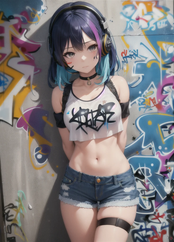 Masterpiece, best quality, 1 girl, alone, crop top, Denim shorts, choker, (graffiti:1.5), splash of color, arms behind back, against the wall, look at viewer, armband, thigh strap, paint on body, tilt your head, bored, colorful hair, tear, headset,