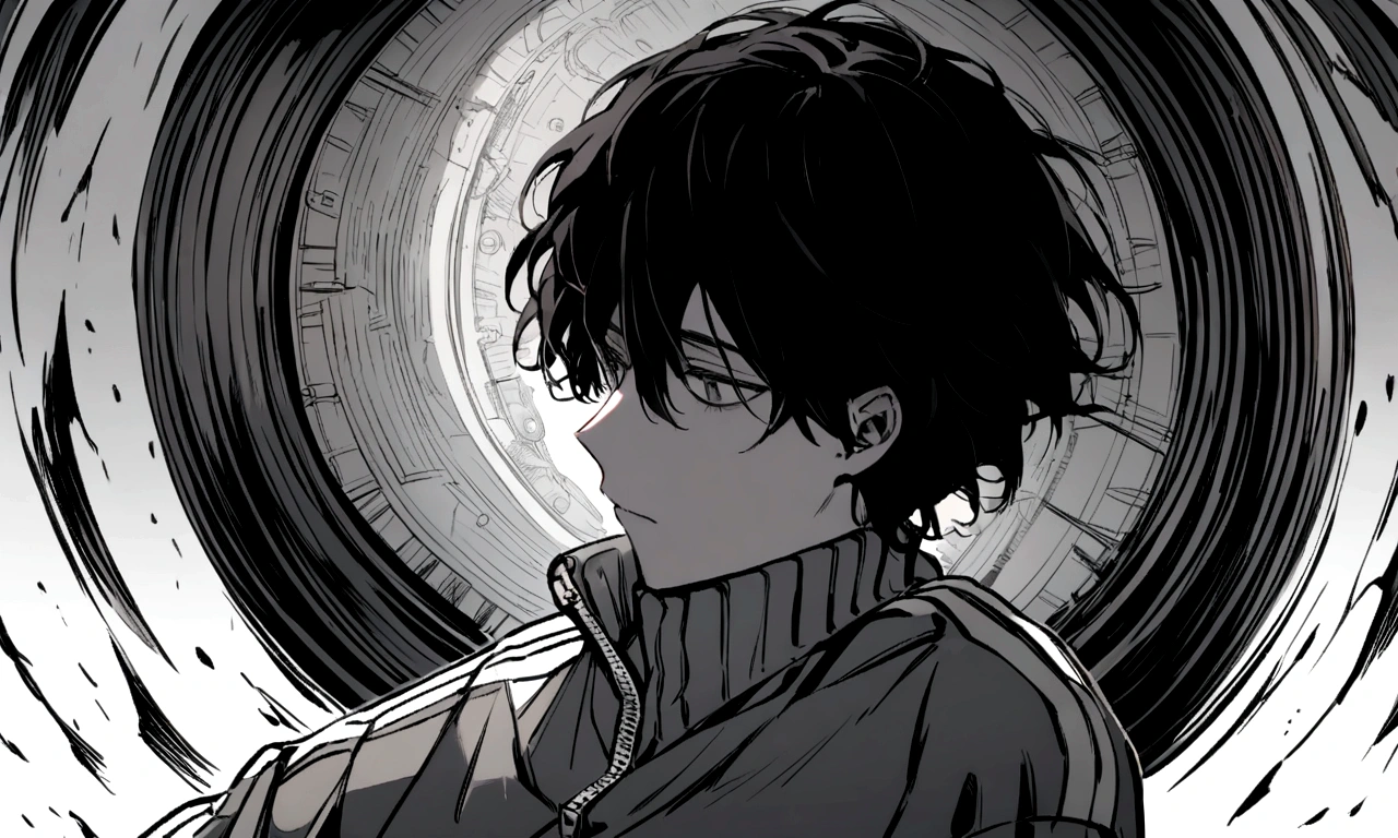 black and white drawing, collapsing giant clockwork background, machine falls apart, 26 year old male 1, black neat hair, a lonely face, wearing gray tracksuit, 