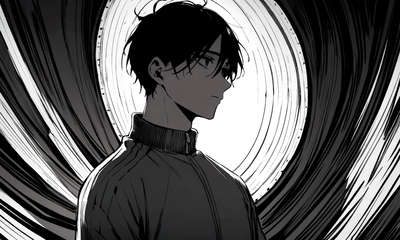 black and white drawing, collapsing giant clockwork background, machine falls apart, 26 year old male 1, black neat hair, a lonely face, wearing gray tracksuit,