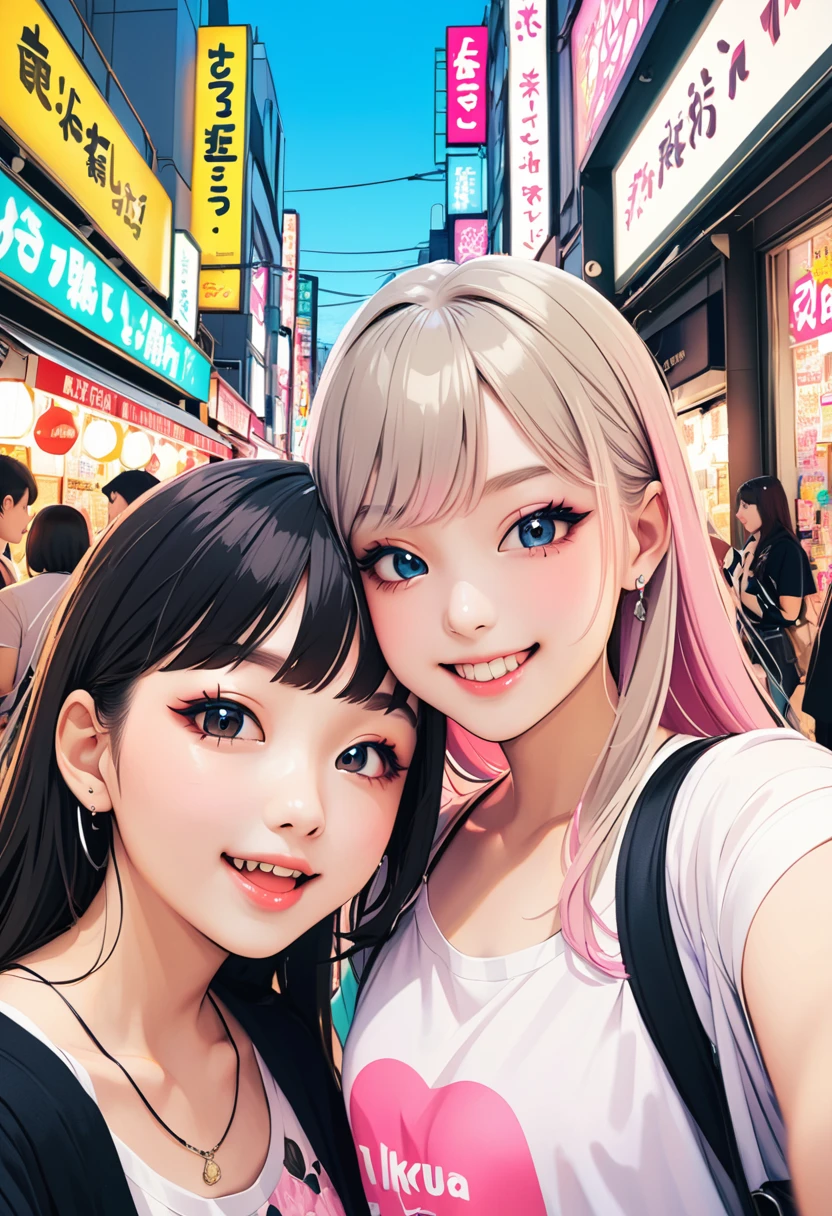 (masterpiece, best quality:1.1),
popart style,flat color,(two girls),cute face,tween Gal,(enjoying purikura),(Harajuku,tokyo),selfie, friendly,very happy,beautiful lighting,dynamic angle,depth of field,photographic portrait, sharp,