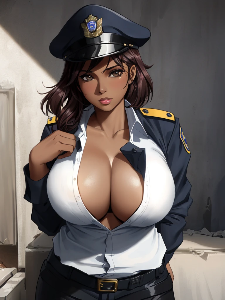 A photo of a busty female police, police hat, in a slum, seductive pose, cleavage:1.2, unbuttoned shirt, (detailed skin complexion:1.2), best quality, deep color, complex shading effect, ambient occlusion, highly detailed textures