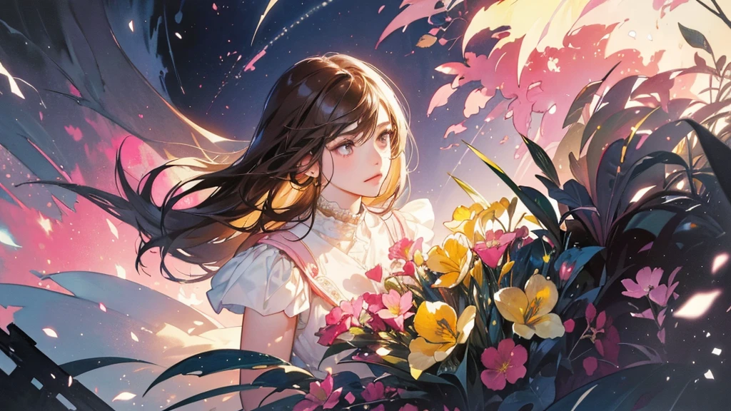 32k, Masterpiece, Highest quality, One girl, Brown Hair, Detailed eyes, flower,Freesia, Pink and navy style,A dreamy, romantic piece,Pale yellow, Mysterious Leaves,A playful arrangement,Fantasy,High Contrast,Ink strokes,explosion,Exposure, Impression of pink and navy tones,Abstract,((Watercolours by John Berkey and Jeremy Mann )) Brush strokes,Negative Space, Tyndall effect,