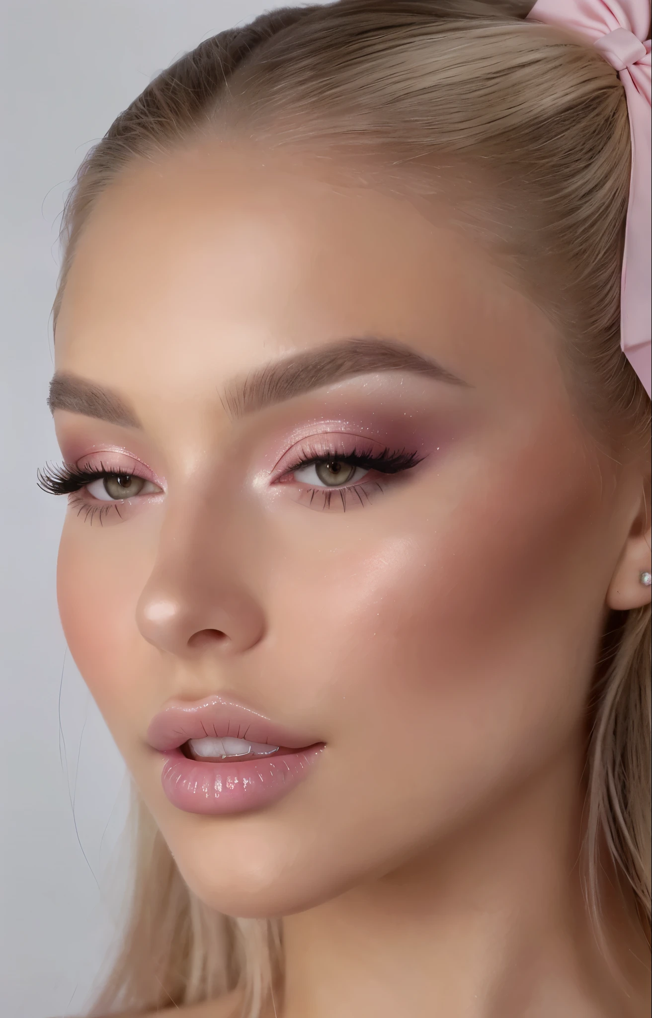 Close-up of a woman with a pink bow on her head, sexy face with full makeup, soft makeup, pastel makeup, subtle makeup, sensual look, glossy eyes, bright pink eyes, bright pink face, delicate pale pink lips, with professional makeup, thick and elegant makeup, light makeup, Pop makeup style, glossy lips, subtle makeup, glossy