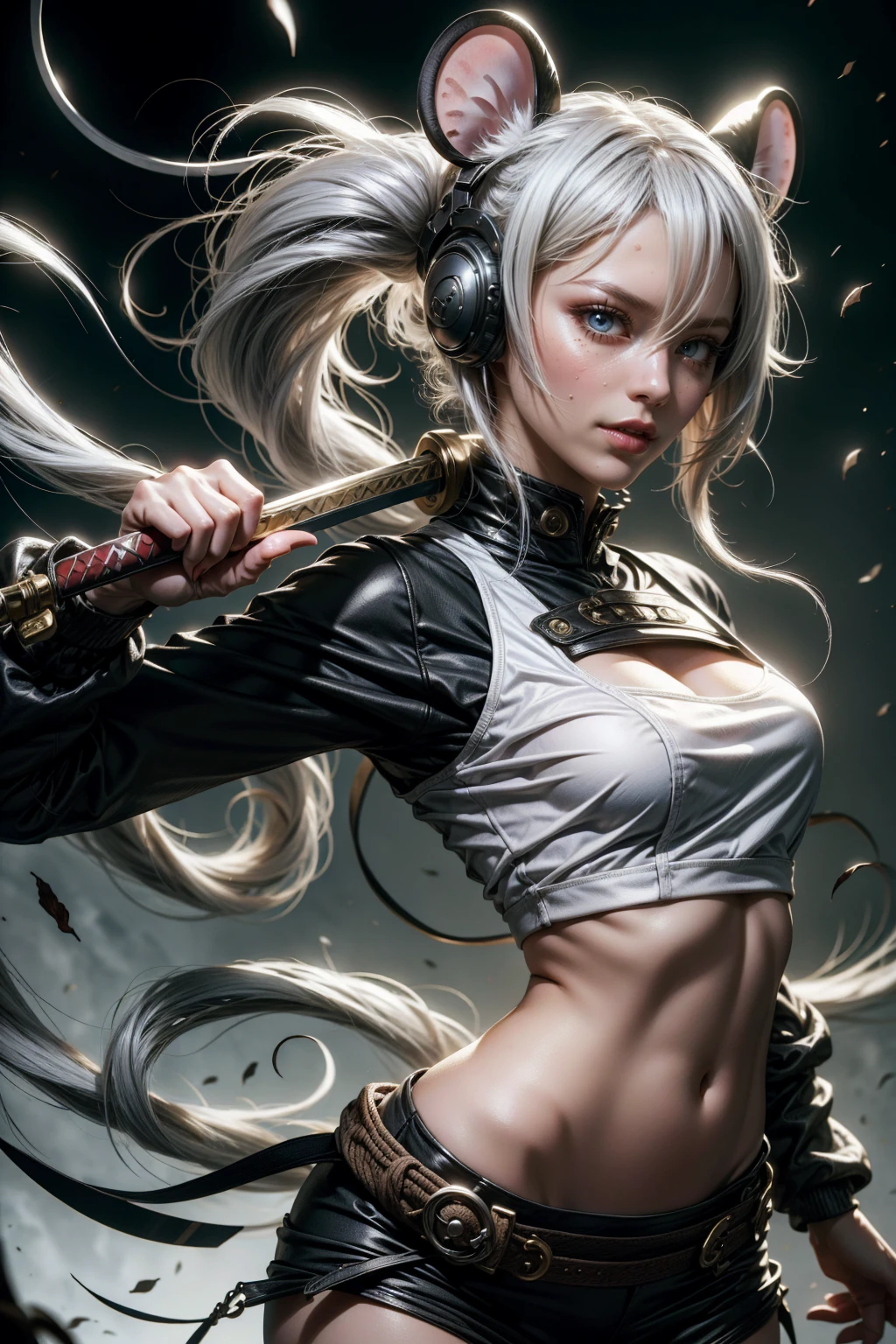 Sexy ninja girl with mouse ears silvery white hair, white and blue clothes with a katana, and jutsu hand sign