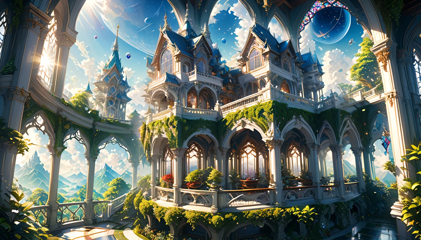 a magnificent floating royal castle in the sky, It is made of a material that resembles a mixture of pure white marble and transparent crystal, (a huge astronomical telescope on the balcony:1.2), ornate architecture, highly detailed, intricate carvings and decorations, glowing crystals, sunlight streaming through stained glass windows, overflowing gardens, lush greenery, (best quality,4k,8k,highres,masterpiece:1.2),ultra-detailed,(realistic,photorealistic,photo-realistic:1.37),detailed lighting, dramatic shadows, vibrant colors, fantasy, digital art, concept art