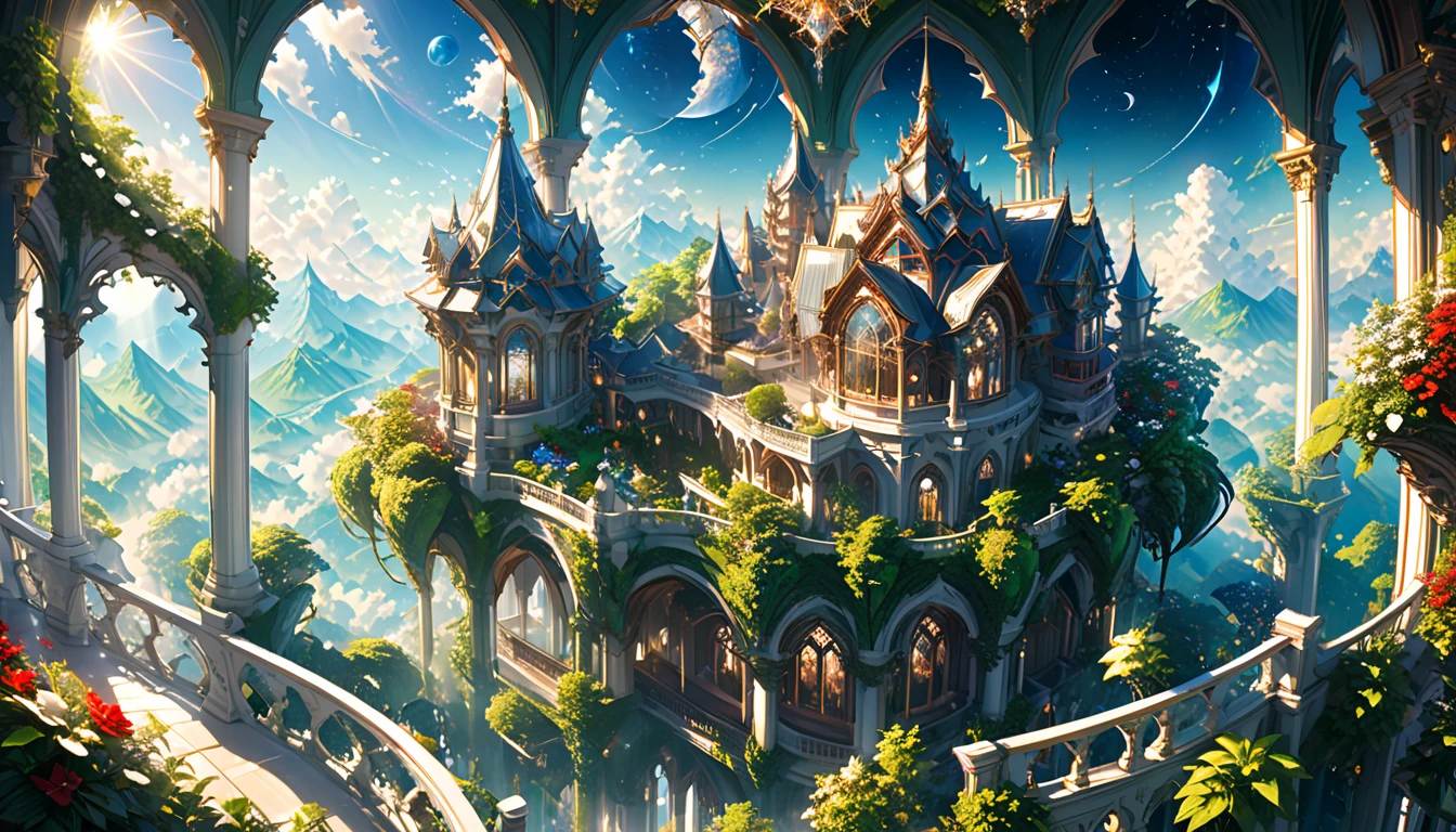 a magnificent floating royal castle in the sky, It is made of a material that resembles a mixture of pure white marble and transparent crystal, (a huge astronomical telescope on the balcony:1.2), ornate architecture, highly detailed, intricate carvings and decorations, glowing crystals, sunlight streaming through stained glass windows, overflowing gardens, lush greenery, (best quality,4k,8k,highres,masterpiece:1.2),ultra-detailed,(realistic,photorealistic,photo-realistic:1.37),detailed lighting, dramatic shadows, vibrant colors, fantasy, digital art, concept art