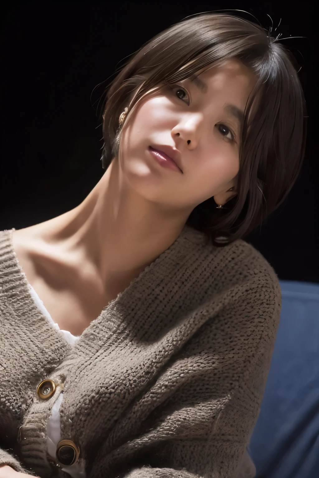 (knitwear), (top-quality, masterpiece:1.3, Super high resolution), (Photorealsitic:1.4, RAW shooting), Ultra-realistic capture, A highly detailed, high-definition 16K for human skin, Wistful, A skinny Japanese woman, 30 years old, cute face, ((Sadness face)), detailed face, detailed eyes, ((correct anatomy)), A dark-haired, Middle hair, ((Background of the sea in a starry night)), (((looking up afar at starry sky))), hair blowing in the wind