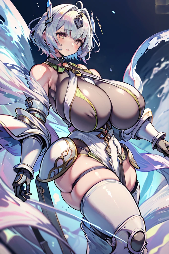 Masterpiece, The best quality, High Resolutions, absurdities, 8k, 4k, Official Art,, , (flat_color:0.9),Large size_old, (huge breasts:2), big breast, voluptuous, front view, thick thighs, Wide hips, warm light, night atmosphere, robusta, front body, light lipstick, SMILE, abdomen, (muscle:1.2), Thick thigh, Wide hips, thick lips, breast, Muy voluptuous, massive breast, , faded hair, massive thighs, focused eyes, breast bursting out , huge woman, long hair, silver eyes, look ahead, muscle girl,short hair, tiara, mechanical armor, great armor, mechanical armor, mechanical suit, Full armor,