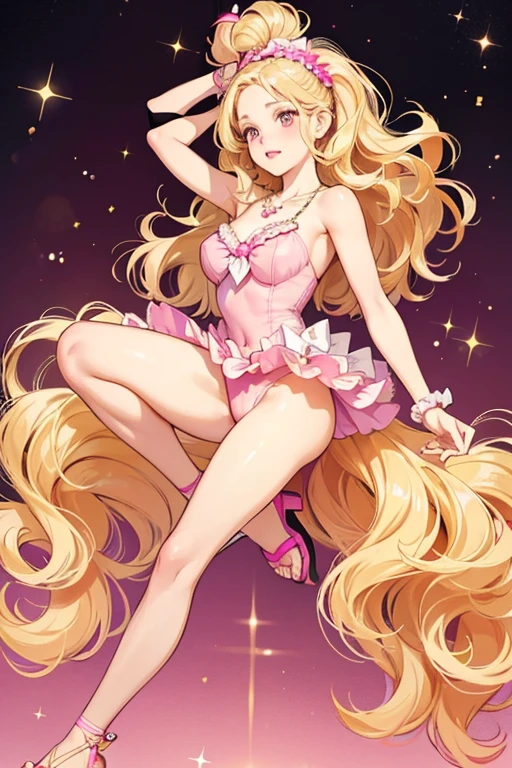 Glamour Queen has wavy blond hair. She has peach skin. She has brown eyes, and pink lipstick. She has a magenta, ruffly, leotard, a white necklace, and a big bow on the back of her leotard. She has magenta sandals with pom poms. SPARKLE; GLITTER