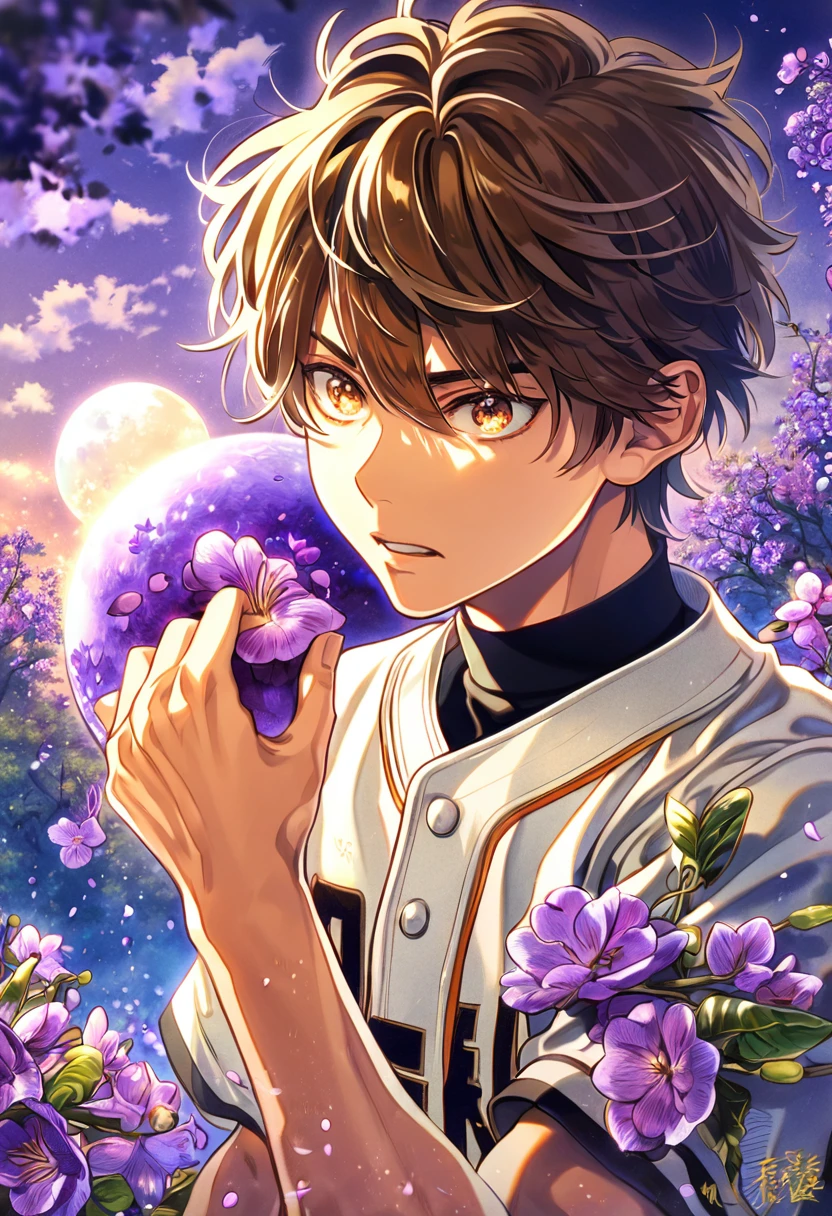 absurdres, highres, ultra detailed, HDR, master piece, best quality, Miyuki Kazuya, brown hair, messy and windswept, expressive amber eyes, Diamond No Ace, solo, sexy man, handsome, white baseball uniform, fantasy, purple moon, purple flowers, purple blossoms, purple petals, fireflies