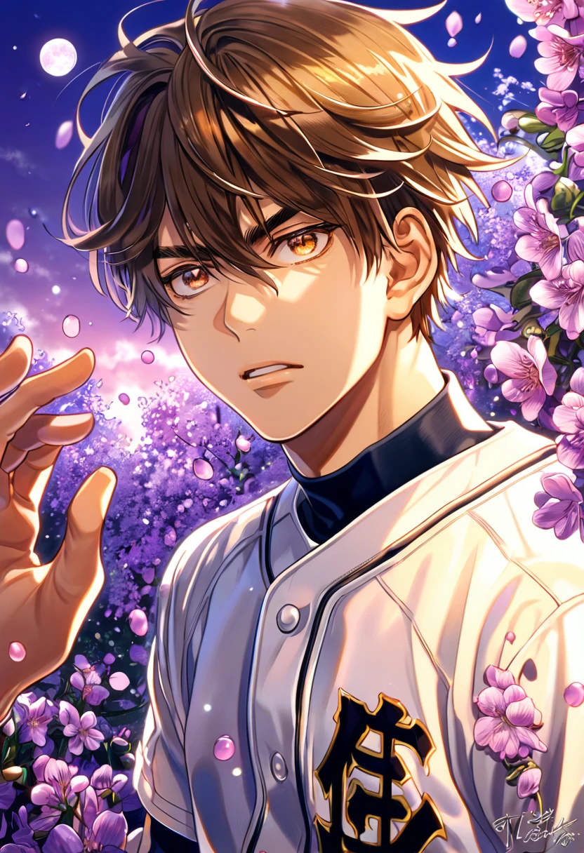 absurdres, highres, ultra detailed, HDR, master piece, best quality, Miyuki Kazuya, brown hair, messy and windswept, expressive amber eyes, Diamond No Ace, solo, sexy man, handsome, white baseball uniform, fantasy, purple moon, purple flowers, purple blossoms, purple petals, fireflies