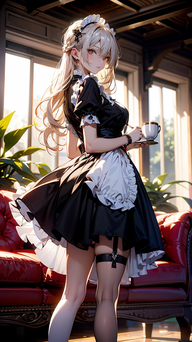 (masterpiece, Highest quality), (Ultra-high resolution, 8k RAW photos, Photorealistic:1.5, Fabric Shading, Thin contours), Beautiful mature woman preparing a tea party in the garden, (Tea set, you can, Tea cup, Some cakes on a plate), Gothic Table, 伝統的なダークブラウンのMaid clothesを着用, Maid clothes:1.2, Long Flared Skirt, apron, tall and leggy, Long white hair, Wearing borderless grass, (Mature Woman:1.5, 28 years old, alone), ( Tight waist), (Long white hair, Hair on one eye, Updo, Side Lock, Asymmetrical Hair, Wavy Hair), (Bright Eyes, Fine grain, A face with attention to detail, perfect face shape, Bloodshot eyes), (A seductive smile, Half-close your eyes), (Looking at the audience:1.3), (Dynamic Angle, Thigh focus, From side to bottom:1.2), ((Correct Anatomy:1.5, The right move)), (Ideal body proportions), Outdoor, Glass Garden, ((Garter Stockings))((black thong))