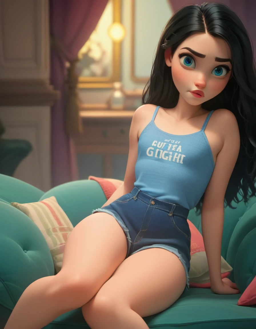 Disney style, curvy blue eyed girl with long wavy black hair and small breasts
