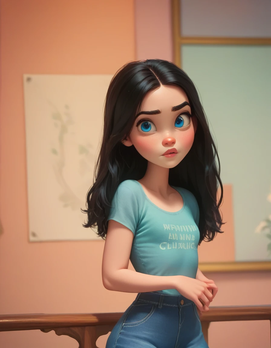 Disney style, curvy blue eyed girl with long wavy black hair and small breasts